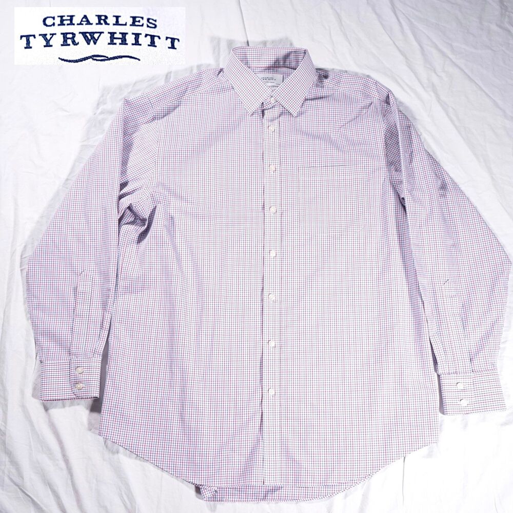 Charles Tyrwhitt Non-Iron Classic Fit Dress Shirt Plaid Mens 17 White Red Blue